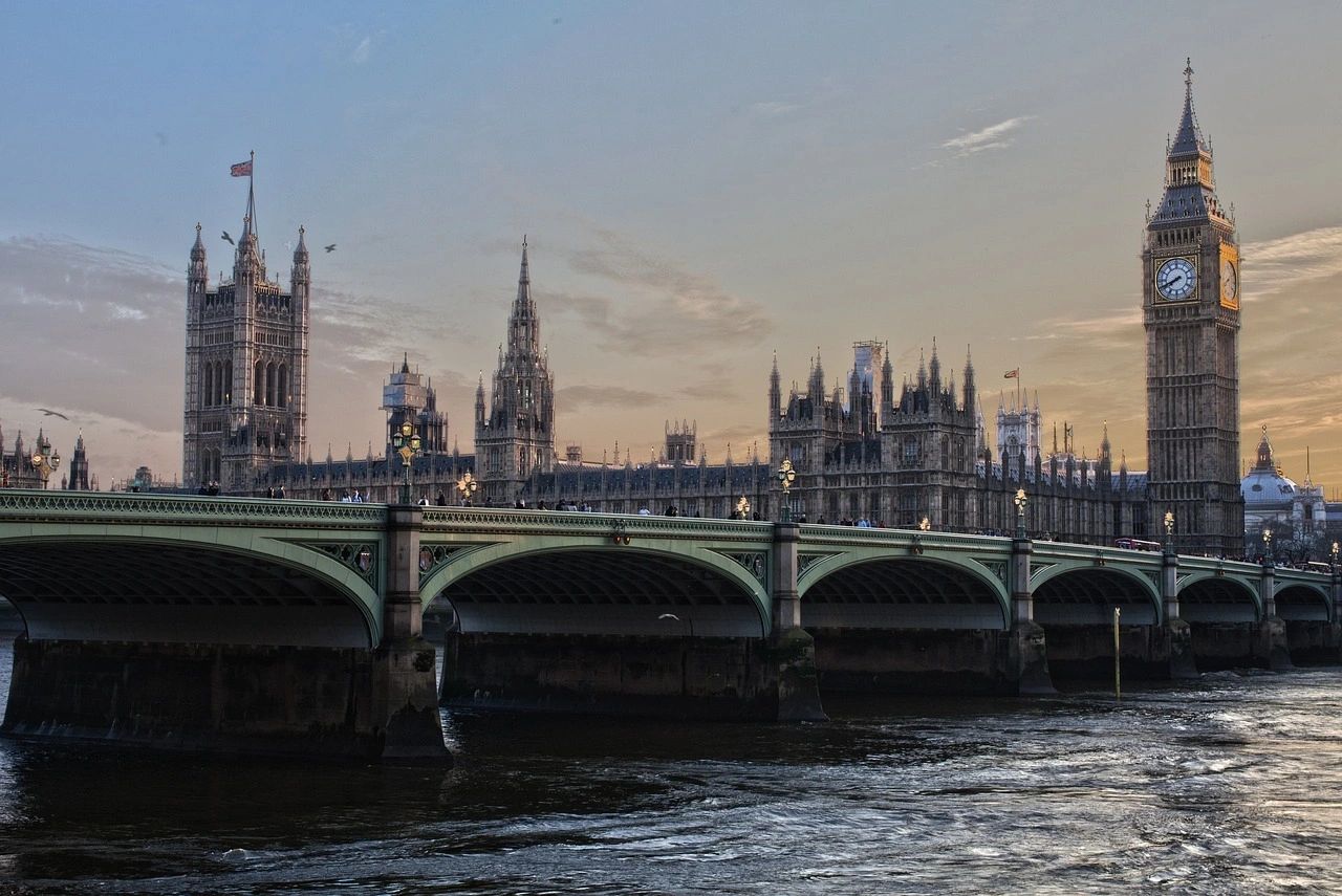 London skyline with a bridge, Parliament and Big Ben